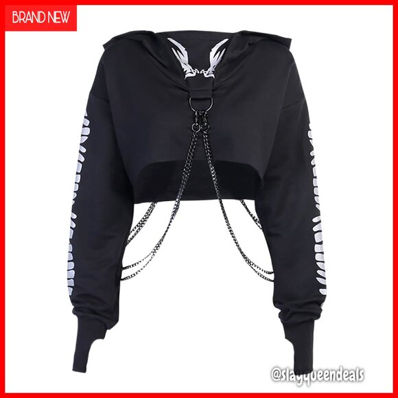 Gothic Cropped Hoodie Long Sleeve Punk Grunge Skull Print Sweatshirt